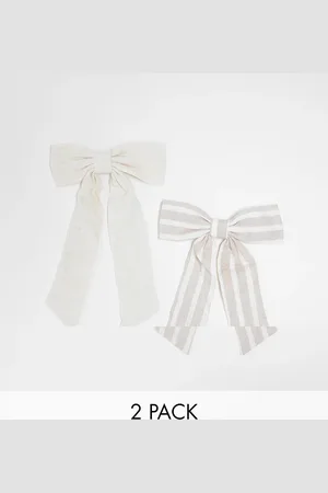 Stradivarius 2 pack linen hair bows in natural and stripe