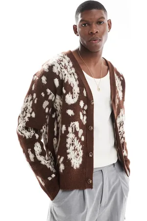 Pull&Bear Graphic knitted cardigan in brown