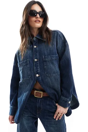 Pull&Bear Oversized denim shirt with ombre thread detail co-ord in dark