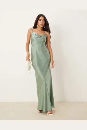 Pretty Lavish Bridesmaid Keisha satin cowl neck maxi dress in eucalyptus