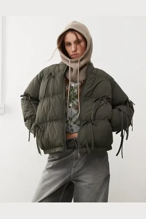 COLLUSION Bow detail puffer coat in khaki