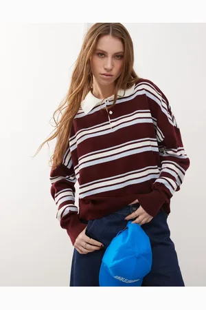 COLLUSION Polo stripe jumper with rugby collar in burgundy