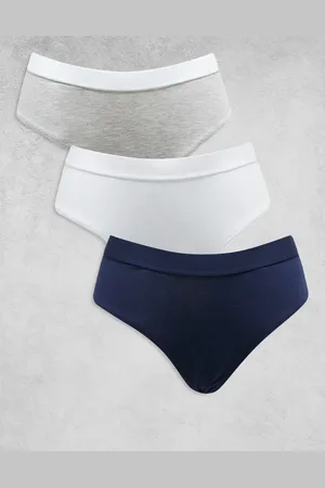 ASOS 3 pack cotton high waist brazilian brief with waistband in navy, grey & white
