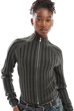 Reclaimed Rib knit zip cardigan in charcoal