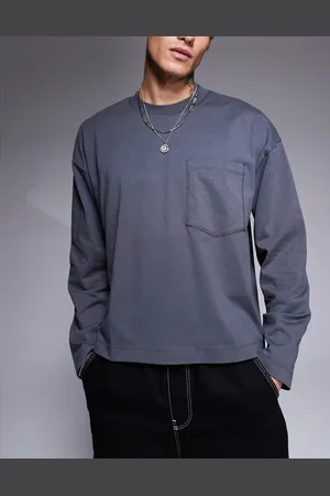 ASOS Essential oversized boxy long sleeve t-shirt with front pocket 240gsm in charcoal