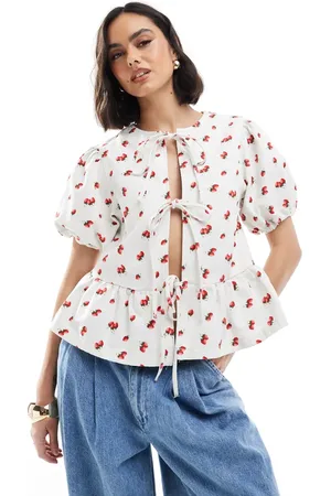 ASOS Denim puff sleeve tie front top in strawberry print