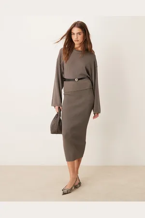 Gina Tricot Co-ord metallic fine knit maxi skirt in dark beige
