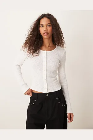 Gina Tricot Button front rib long sleeve top in
