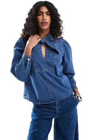 ASOS Denim bow neck shirt in mid