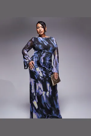 ASOS ASOS DESIGN Curve low back floral mesh maxi dress with angel sleeves in blue abstract print