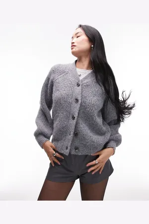 Topshop Knitted high v-neck fluffy cardigan in charcoal