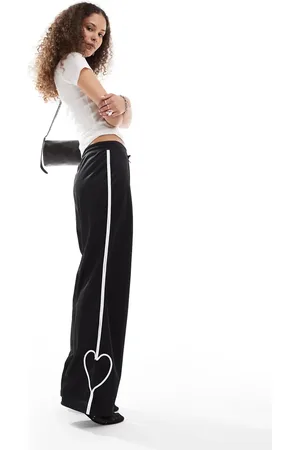 Monki Heart stripe straight leg track pant trouser in with white stripes