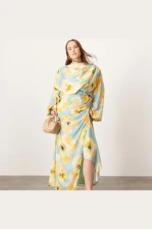 ASOS Curve satin volume blouson sleeve satin midi dress in large floral print