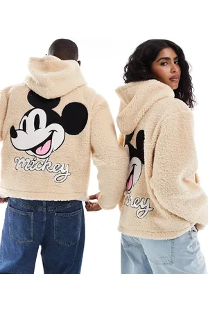 ASOS Disney unisex boxy oversized borg hoodie with micky face embroidery in beige