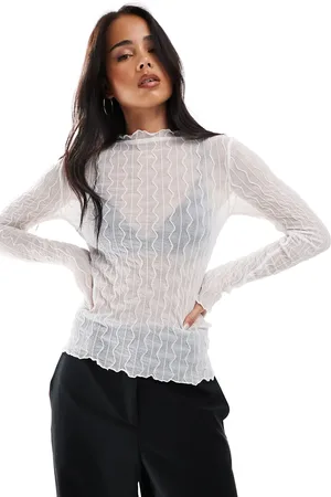 Pieces® Textured boat neck top with lettuce edge in