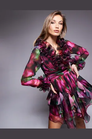 ASOS Organza long sleeve exaggerated ruffle mini dress in blurred floral