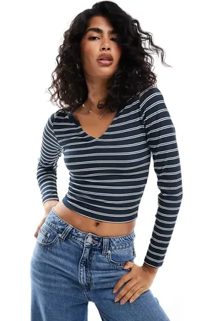 Hollister Contrast ribbed plunge neck crop top in navy and white stripe
