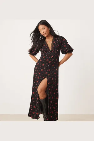 Miss Selfridge Lace trim button through maxi dress in black rose print