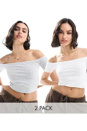 Miss Selfridge Short sleeve rib top two pack in white and grey marl