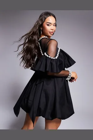 ASOS Pearl detail cotton sateen long sleeve mini dress in