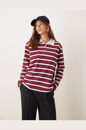 Miss Selfridge Stripe rugby long sleeve top in red
