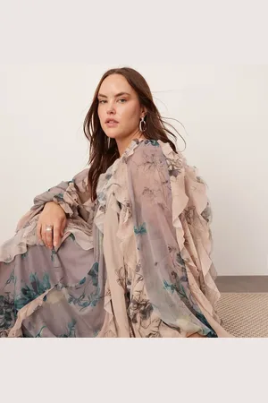 ASOS Curve chiffon raw edge ruffle maxi dress with balloon sleeve in mixed floral print