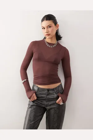 Weekday Soft semi sheer long sleeve t-shirt in burgundy exclusive to ASOS