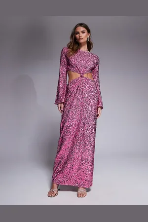 ASOS Sequin angel sleeve maxi dress with cut outs and knot detail in bright pink