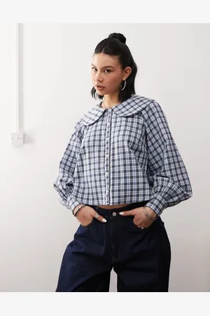 Reclaimed Boxy shirt with peter pan collar and balloon sleeves in blue check