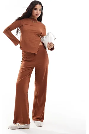 VILA Textured stretch wide leg trouser co-ord in rust
