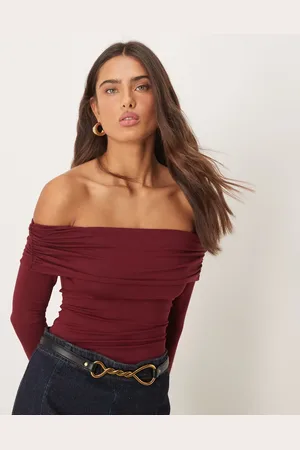 Miss Selfridge Long sleeve bardot bodysuit in burgundy