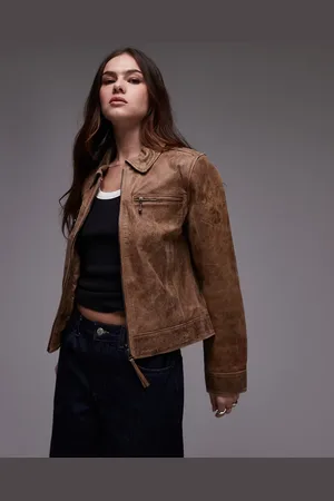 Urban Code Zip through fitted crop leather jacket in sand