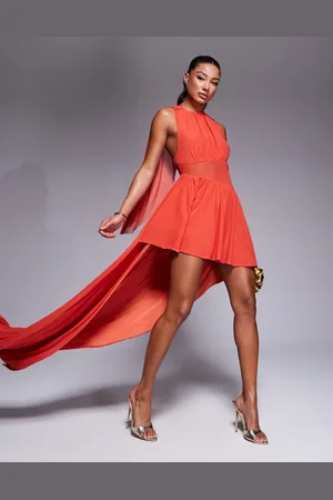 ASOS Mesh fabric mix mini dress with draped sleeves and asymmetric skirt in
