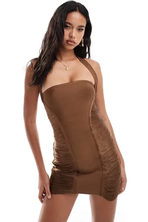 ASOS Square neck halter bandage mini dress with draped fringe panels in chocolate
