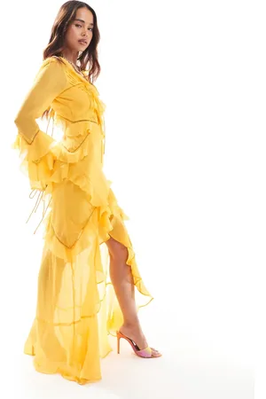 ASOS Long sleeve ruffle maxi dress with lace inserts in