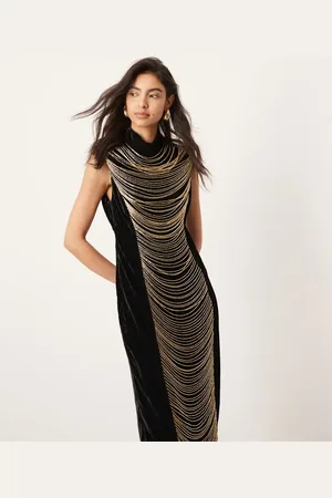 ASOS Velvet embellished contour draped fringe high neck midi dress in