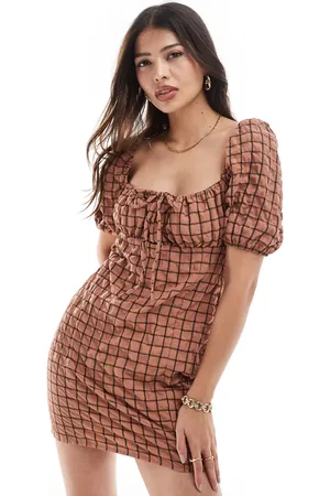 Brave Soul Puff sleeve seersucker gingham print mini dress in tan