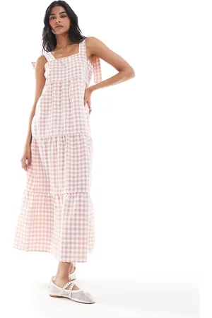 Miss Selfridge Tiered gingham maxi dress with tie shoulders in