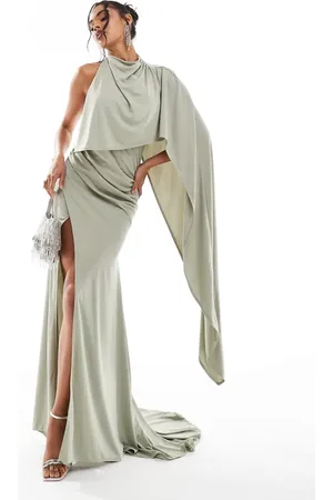 ASOS One shoulder cape red carpet maxi with train in sage green