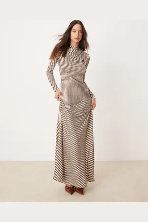 Pretty Lavish Asymmetric stripe maxi dress in brown