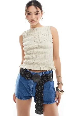 ASOS Shirred slash neck top in sand