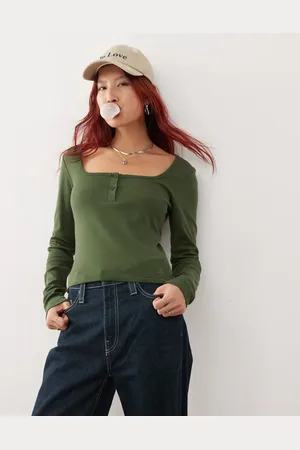 Reclaimed Square neck button up long sleeve top in washed khaki