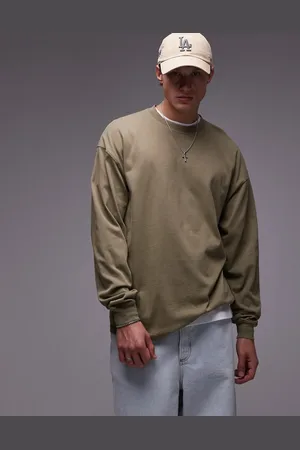Topman Oversized fit long sleeve t-shirt in washed khaki