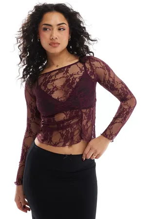 Pull&Bear Long sleeve lace top with asymmetic seam detail in burgundy