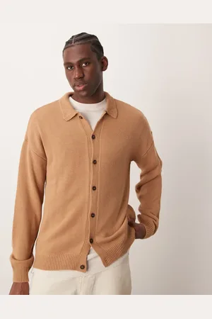 ASOS Relaxed boxy fit knitted cardigan with collar in stone