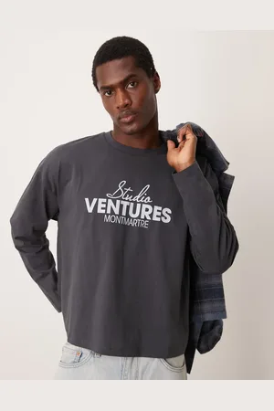 ASOS Oversized boxy long sleeve t-shirt with chest print in washed black