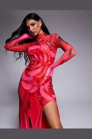 AFRM Sonya maxi length dress with high slit detail in overscale rose