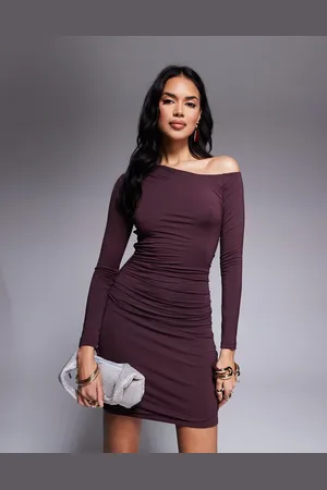 Tala 365 ruched long sleeve asymmetic mini dress in wine