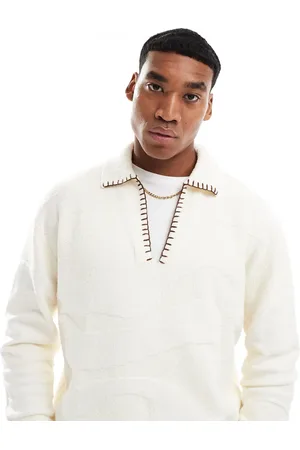 Bershka V-neck stitch jumper in ecru