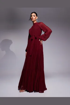 Lace & Beads Balloon sleeve tiered maxi dress in burgundy